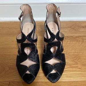 Sacha London 4-4.5” stilettos - black, glitter, size 8
